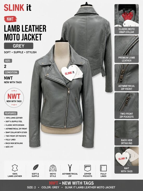 SLINK Jackets & Blazers - NWT SLINK It Lamb Leather Moto Jacket Grey Women's Size 2
